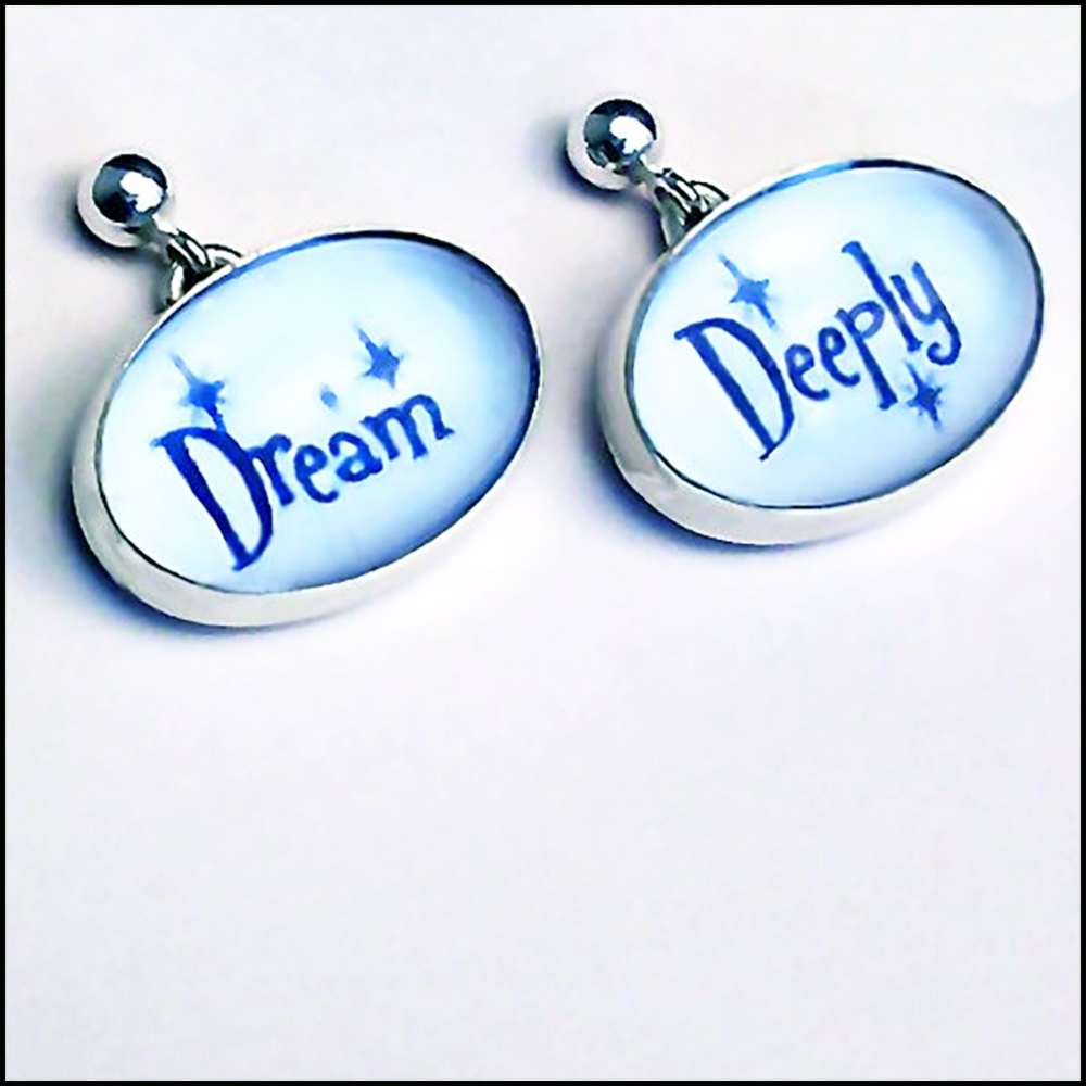 NWT silver & blue earrings say Dream Deeply